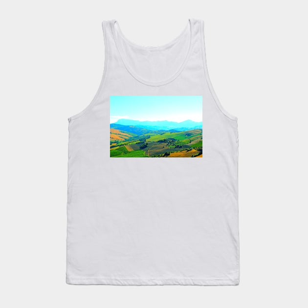 Scenery in Carassai with rolling fields and hazy mountains in the background Tank Top by KristinaDrozd